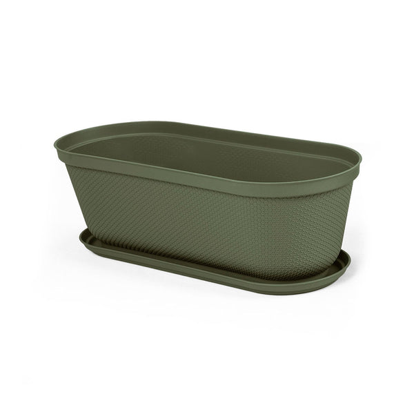 Matera moderna Ovalada Rafia 60 Cm con Plato Verde Musgo