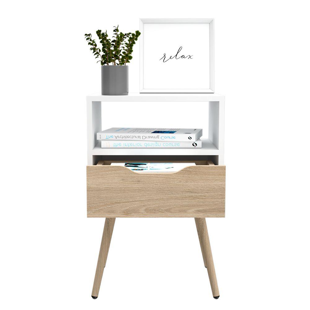 Mesa de Noche Alesio color Blanco y Beige para Habitación.