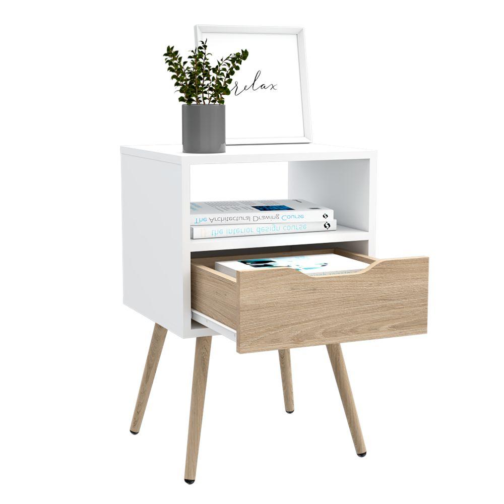 Mesa de Noche Alesio color Blanco y Beige para Habitación.