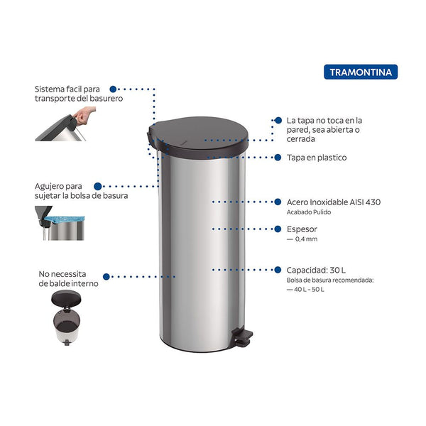 Basurero de Pedal,tapa plastica negra Linea New 30 Lt