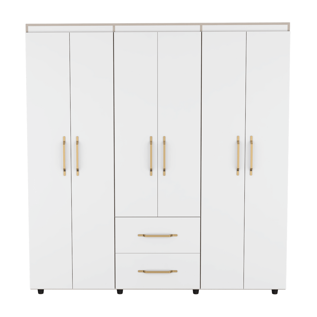 Closet Golden, Blanco y Dorado, Variedad de Entrepaños, Seis Puertas Abatibles y Canto Cuero. - VIRTUAL MUEBLES