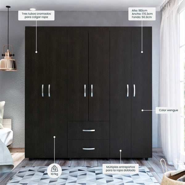 Mueble Multiusos Bariloche Bombay, Wengue, con Variedad de Entrepaños y Seis Puertas Abatibles