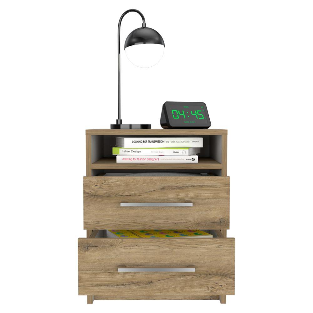 Mesa de Noche Douglas Macadamia y Blanco Duqueza color con un entrepaño superior y dos cajones organizadores x2 para Habitación.