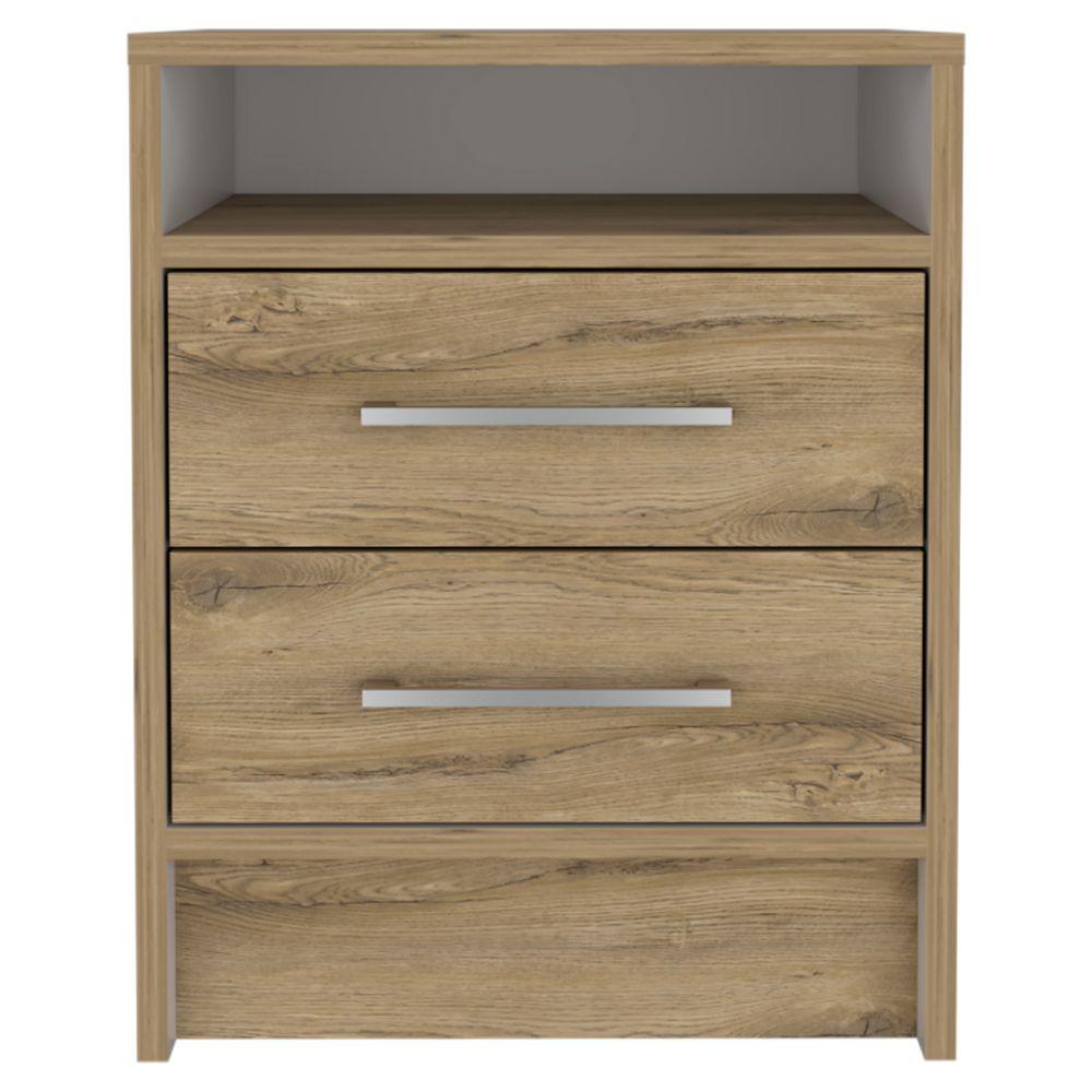 Mesa de Noche Douglas Macadamia y Blanco Duqueza color con un entrepaño superior y dos cajones organizadores x2 para Habitación.