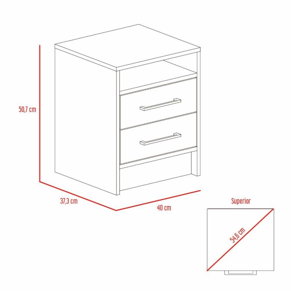 Mesa de Noche Douglas Macadamia y Blanco Duqueza color con un entrepaño superior y dos cajones organizadores x2 para Habitación.