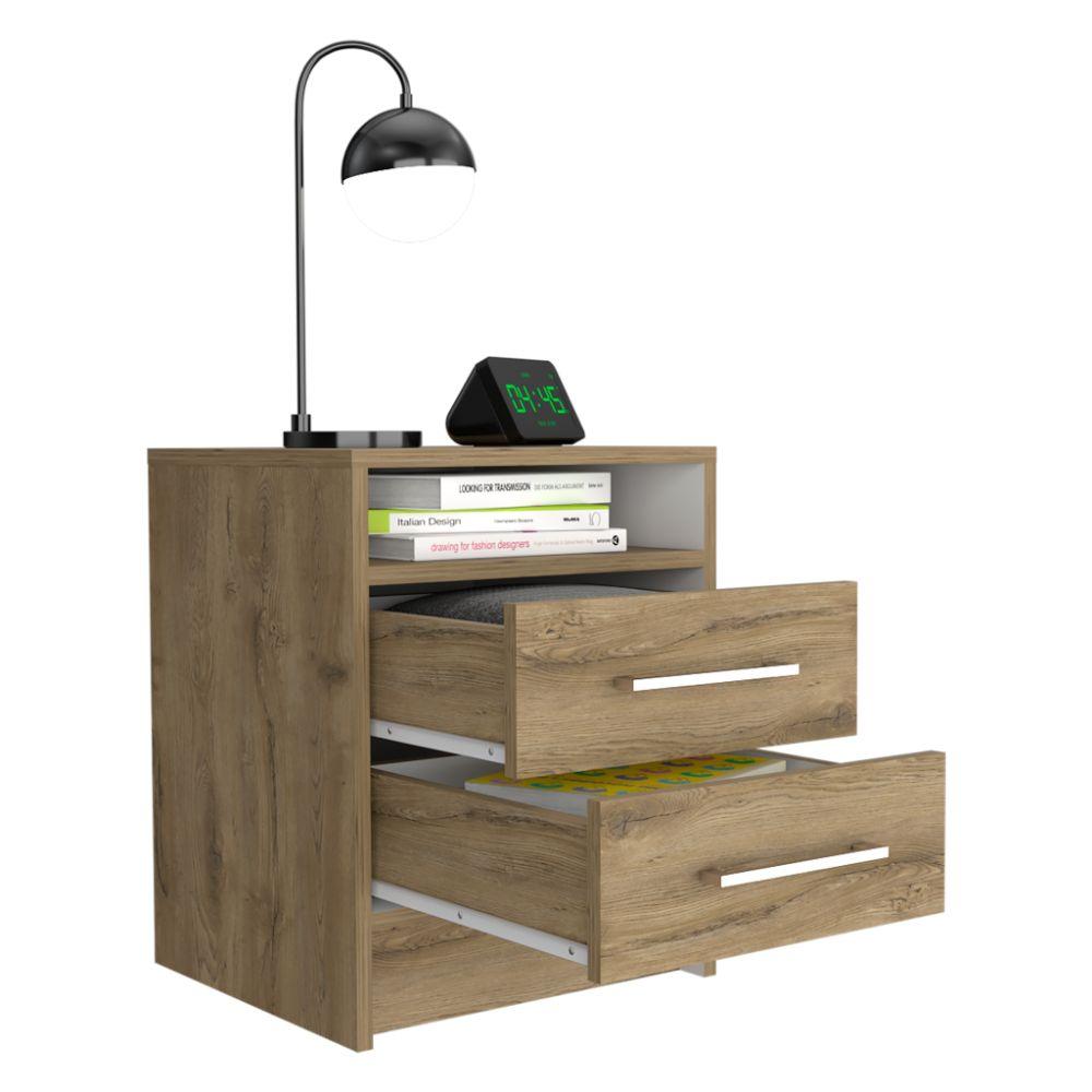 Mesa de Noche Douglas Macadamia y Blanco Duqueza color con un entrepaño superior y dos cajones organizadores x2 para Habitación.