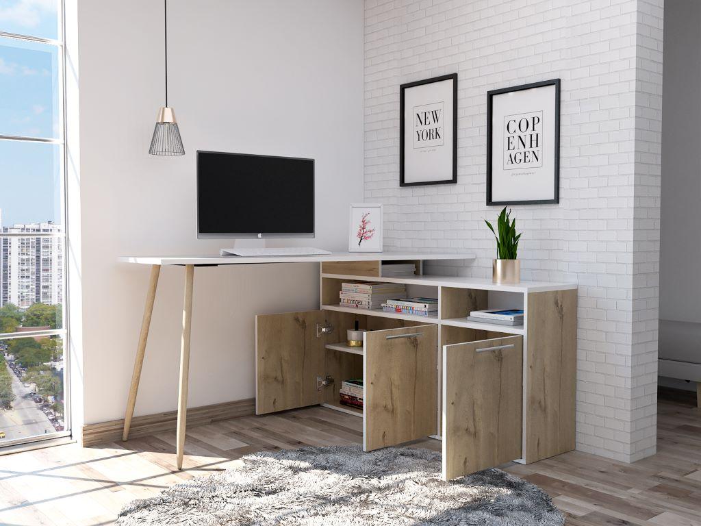 Escritorio en L Singapur color Café claro y Blanco para Oficina.