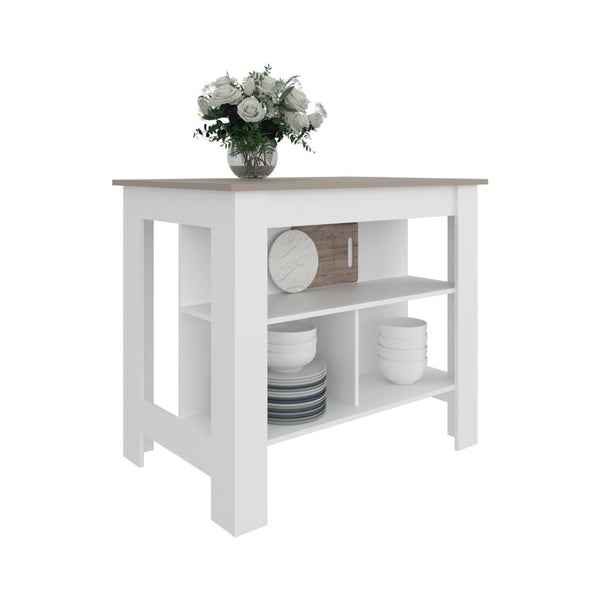 Barra de Cocina Burton, Blanco Duqueza y Cocoa, con amplia superficie en la mesa