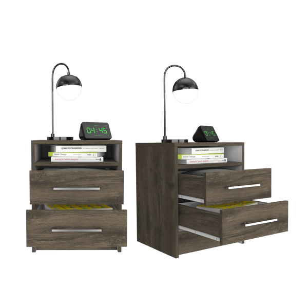 Mesa de Noche Douglas color Nogal y Blanco para Habitación.