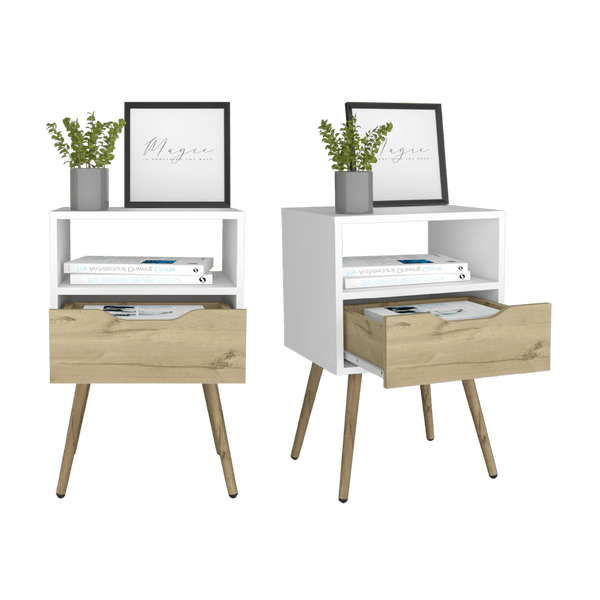 Mesa de Noche Alesio color Blanco y Café claro para Habitación.