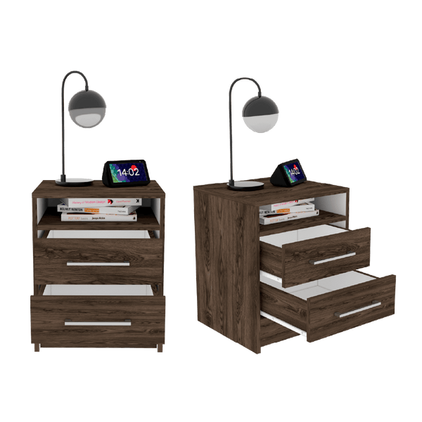 Mesa de Noche Douglas color Chocolate y Blanco para Habitación.