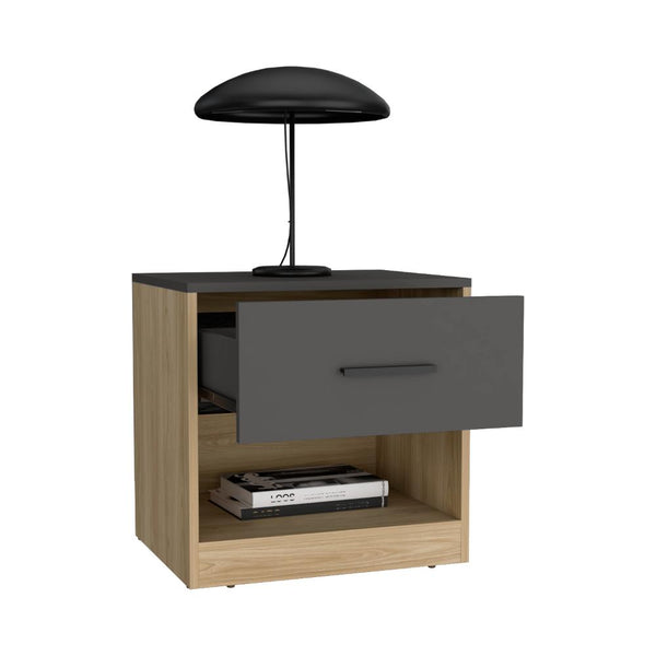 Mesa de Noche Ader, Plata Oscuro y Fresno Europeo, facil armado e instalación