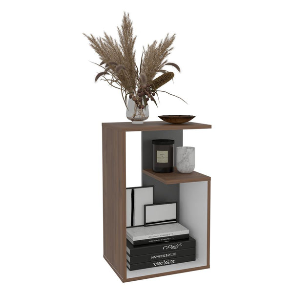 Mesa de Noche Evert, Castaño y Blanco Duqueza, con diseño moderno y espacio para ubicar objetos