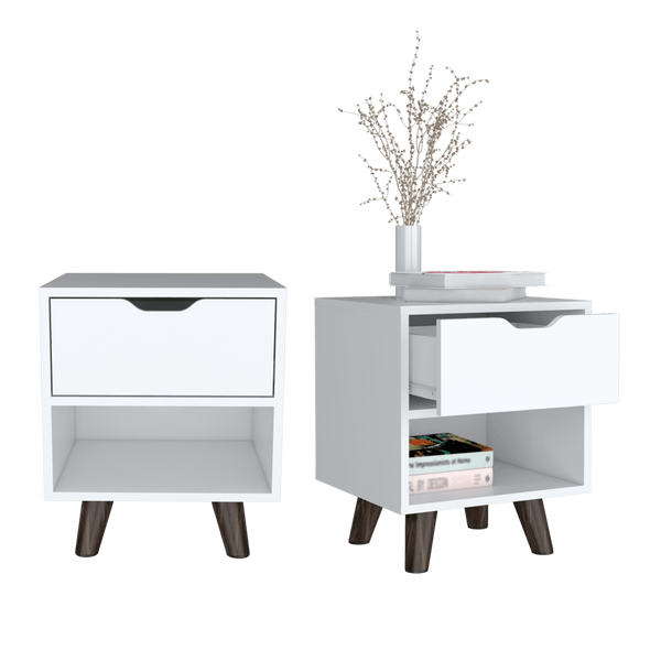 Mesa de Noche Canelo, Blanco, con Patas en Madera y un Cajón ZF X2