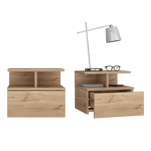 Mesa de Noche Flotante Nube, Café Claro, con un Cajón y División de dos Entrepaños X2