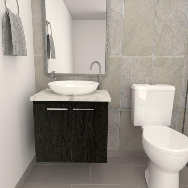 Mueble Lavamanos Stone, Wengue y Marmol Carrara, con un entrepaño interior - VIRTUAL MUEBLES