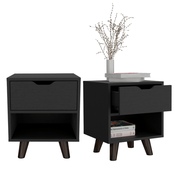 Mesa de Noche Canelo, Wengue, con Patas en Madera y un Cajón ZF X2