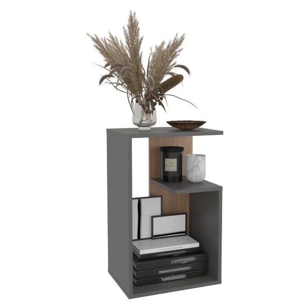 Mesa de Noche Evert, Plata Oscuro y Fresno Europeo, con diseño moderno y espacio para ubicar objetos ZF