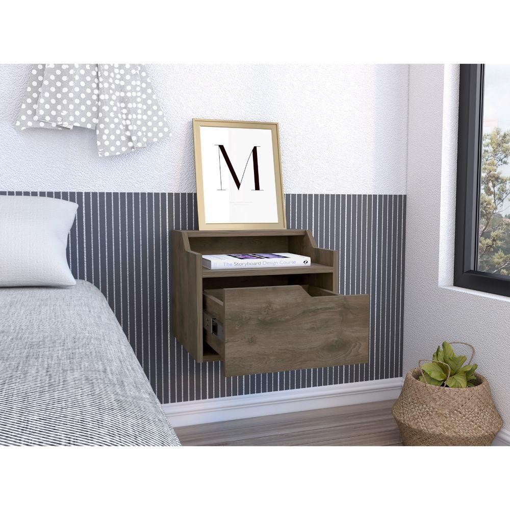 Mesa de Noche Flotante Busan, Nogal, Con Espacio Para Colocar Objetos Decorativos ZF - VIRTUAL MUEBLES