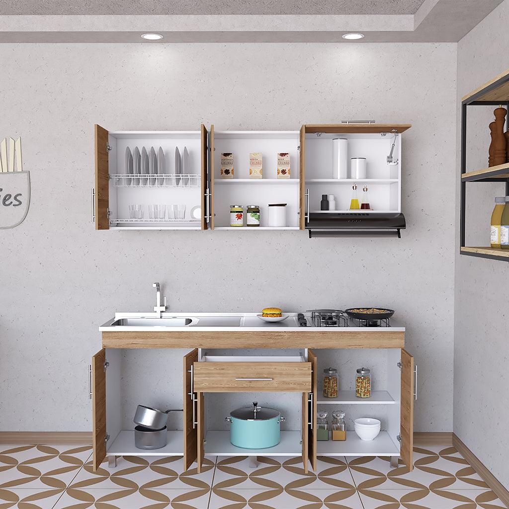 Mueble Multiusos Carson, Miel y Blanco, Incluye Mesón Izquierdo En Acero Inoxidable y Estufa - VIRTUAL MUEBLES