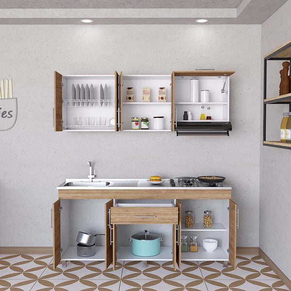 Mueble Multiusos Carson, Miel y Blanco, Incluye Mesón Izquierdo En Acero Inoxidable y Estufa - VIRTUAL MUEBLES