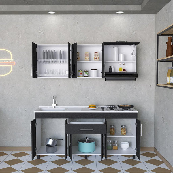 Mueble Multiusos Carson, Wengue y Blanco, Incluye Mesón Derecho En Acero Inoxidable - VIRTUAL MUEBLES