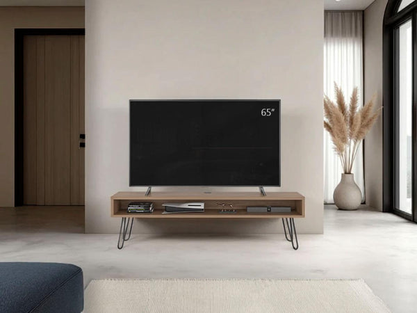 Mesa Para Tv Ralf, Miel, con patas metálicas y espacio de tv hasta 70 pulgadas