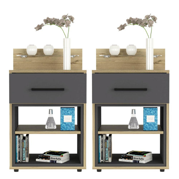 Mesa de Noche Sanín color Café claro y Plata oscuro para Habitación.